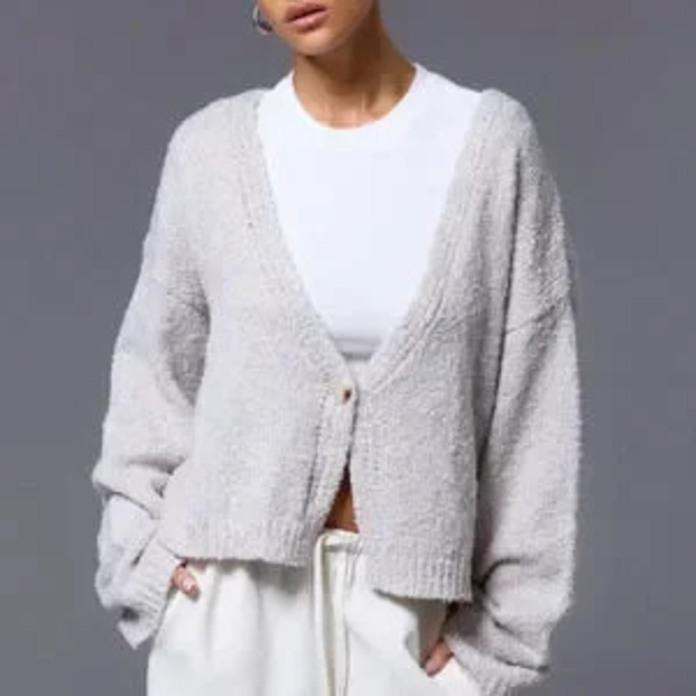 ZARA Light Grey Casual Women's One Button Long Sleeve Knit Cardigan